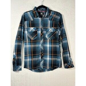 Rock & Republic Shirt Men's Small Blue Black Plaid Stretch Pockets Button-Up